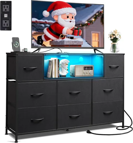 WLIVE - Soporte de TV con cómoda en negro para TV de 45, 50, 55 pulgadas, centro de entretenimiento con luces LED y estación de carga, cómoda con 8