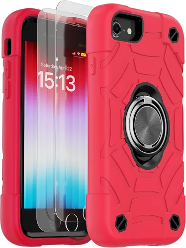 Miniatura 25 de KCJ Funda para iPhone SE 2022/2020, iPhone 8/7/6/6S, con [2×Protectores de Pantalla][Soporte de Anillo] Silicona Suave+PC Duro Protección Completa