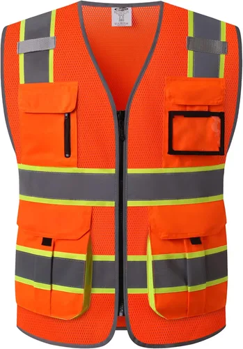Miniatura 7 de JKSafety Chaleco de seguridad de malla de alta visibilidad con 9 bolsillos para hombres y mujeres, Chaleco reflectante de seguridad, cremallera