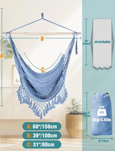 Miniatura 4 de Chihee Silla Hamaca Colgante Súper Grande de Cuerda de Algodón Hilado Suave Tejida, Barra Separadora de Metal Resistente Plegable Asiento Ancho Azul