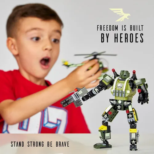 Miniatura 3 de JITTERYGIT Conjunto de juguetes de regalo con mech de robot del ejército, helicóptero militar creativo STEM, kit de bloques de construcción