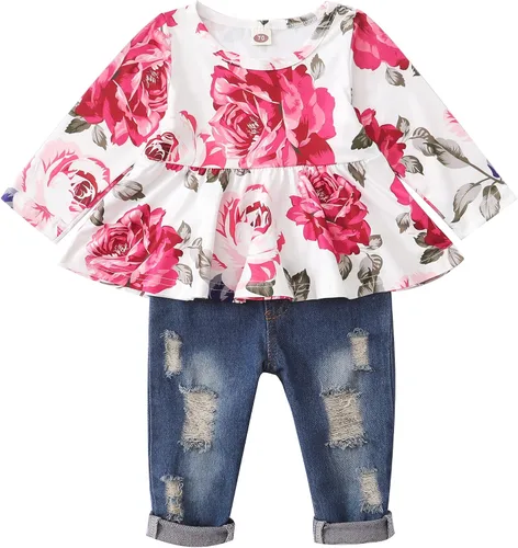 XUANHAO Ropa de bebé niña de 12, 18 y 24 meses, trajes para niñas pequeñas, ropa de mezclilla con volantes, pantalones de mezclilla rasgados
