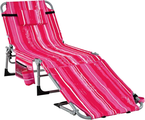 Miniatura 17 de Tangkula Sillón de playa, silla de bronceado plegable al aire libre con agujero para la cara/brazo, 2 asas de transporte, almohada, respaldo Azul