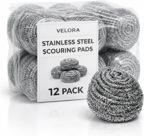 VELORA Almohadillas limpiadoras de acero inoxidable [12 unidades] – Fuerza industrial y comercial grandes suministros de limpieza esponja para
