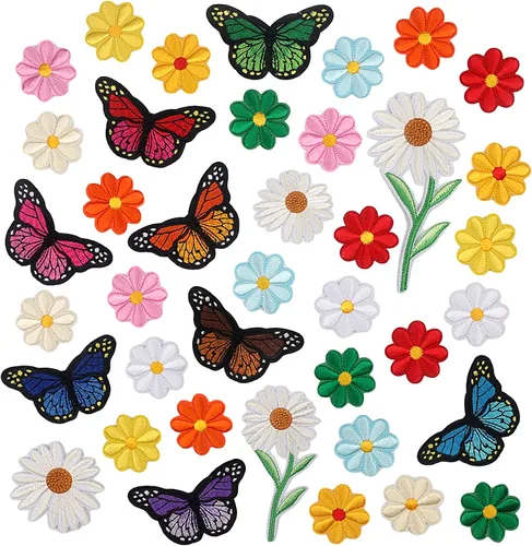 39 parches bordados de flores para planchar con diseño de margaritas y mariposas, parches de costura para bolsas de coagulación, gorras, sombreros,