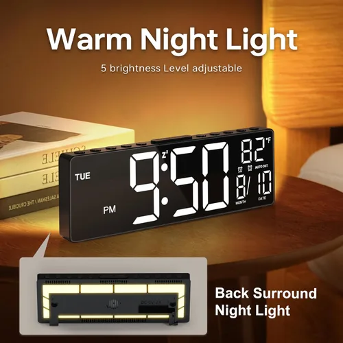 Miniatura 4 de JALL Reloj despertador digital grande de 10.5 pulgadas con 8 colores RGB, fecha, mes, temperatura LED, DST automático, reloj digital de gran