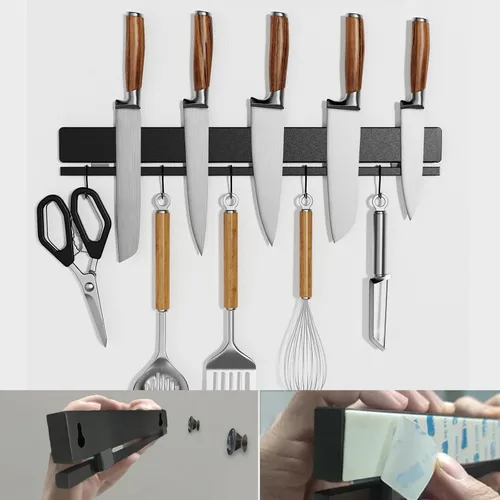 Miniatura 10 de YIIYIIN Portacuchillos magnético de doble cara de acero inoxidable 304 de 12 pulgadas para pared, con tira adhesiva, sin taladro, 6 ganchos Plata