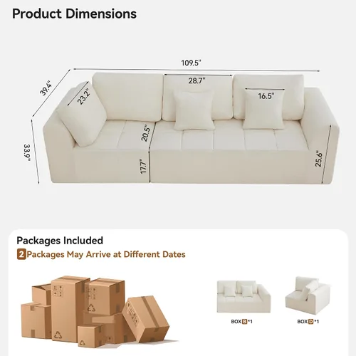 Miniatura 2 de Sofás seccionales modulares de 110 pulgadas para sala de estar, sofá seccional comprimido sin hueso, sofá de espuma viscoelástica tapizado de 3 Beige