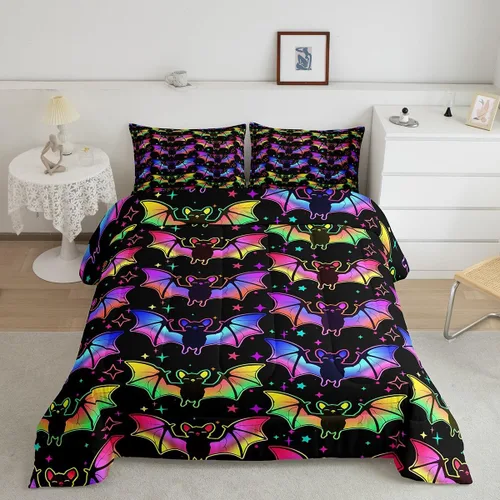 Miniatura 36 de Erosebridal Juego de ropa de cama de murciélago de Halloween, tamaño individual, juego de edredón de estrellas con purpurina y galaxia para niños