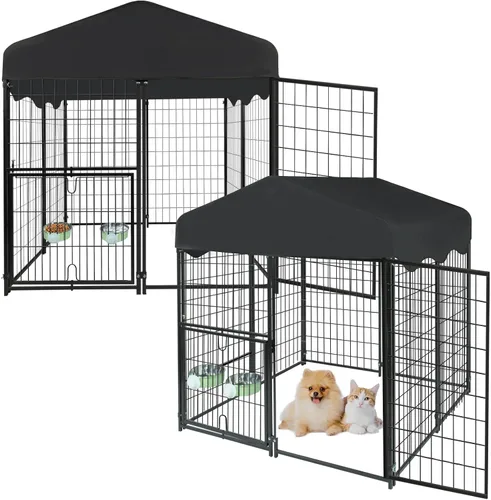Miniatura 9 de Perrera para Perros al Aire Libre 4x4.2x4.5 pies, Perrera Exterior para Perros con Techo, Perreras Grandes para Perros con Puerta Giratoria y 2