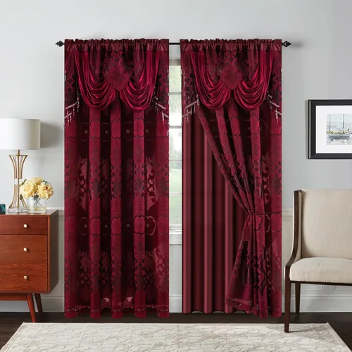 Miniatura 11 de Petrichor Cortinas de gasa jacquard transparente borgoña (54 pulgadas de ancho x 63 pulgadas de largo), 2 paneles con cenefa adjunta, diseño floral