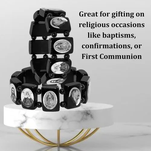 Miniatura 6 de Catholica Shop Pulseras elásticas de madera religiosas católicas devocionales. Paneles pequeños y grandes con imágenes surtidas de santos, Jesús