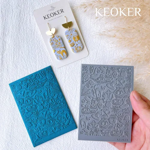 Miniatura 2 de Keoker Hojas de textura de arcilla polimérica para Halloween, tapete de textura de arcilla de Halloween para hacer aretes, joyas, herramientas