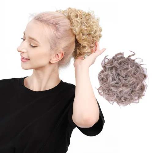 Miniatura 11 de Moño de cabello rizado desordenado, pieza de cabello sintético resistente al calor, extensiones de moño de cabello despeinado con cordón Updos Negro