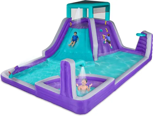 Sunny & Fun - Parque inflable de cuatro esquinas, resistente para diversión al aire libre, pared de escalada, tobogán y piscina profunda, fácil de