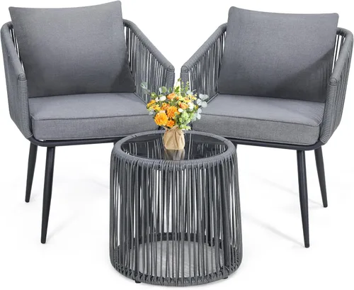 Kromax Juego de 3 piezas de muebles de ratán para patio, juego de mimbre para café al aire libre, sillas y mesa auxiliar, ideal para balcón, porche
