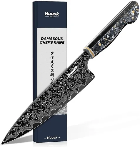 Huusk Cuchillo de chef Damasco de 8 pulgadas, cuchillo de cocina japonés súper afilado Damasco VG-10, cuchillos de cocina profesionales con mango