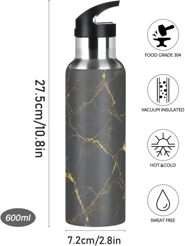 Miniatura 9 de Gray Marble Gold Yellow Insulated Water Bottle 32 Oz, BPA-Free Sports Water Bottle with Straw Leakproof Water Bottles