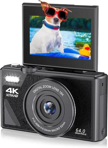 Cámara digital con pantalla abatible LCD, cámara UHD 4K de 64 MP, cámara digital de apuntar y disparar con zoom de 18X, cámara de vlogging para