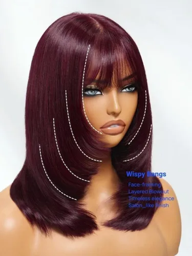 Miniatura 6 de Nadula Peluca de cabello humano lacio en capas con cordón corto de cereza negra y morada, con flequillo delgado, nudos de despedida de soltera