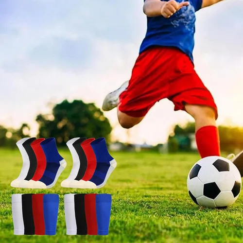 Miniatura 5 de Juego de 24 calcetines de fútbol con agarre juvenil con mangas de protección de espinilleras para niños y niñas 7-14 para fútbol y baloncesto
