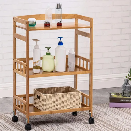 Miniatura 7 de Carrito de almacenamiento de bambú de 3 niveles, carrito utilitario de cocina con ruedas con estante de almacenamiento, carrito rodante con estantes