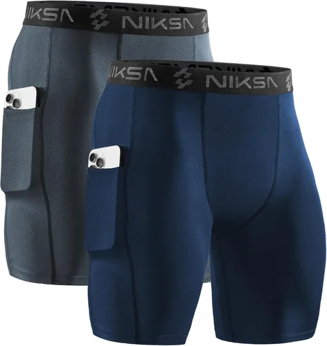 Miniatura 16 de Niksa Paquete de 2/4 pantalones cortos de compresión para hombre con bolsillo, pantalones cortos de elastano para correr, deportes, atletismo