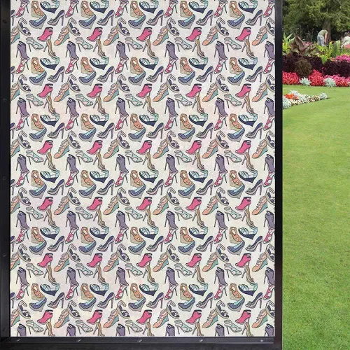 Película de privacidad para ventana, con temática de calzado, coloridos zapatos de garabatos, elementos de tacón alto, ilustración de cocina, arte