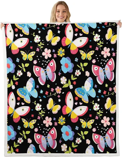 Manfei Manta de vellón con diseño de mariposas florales en acuarela, manta acogedora para cama, sofá, decoración de habitación de niños, niñas y