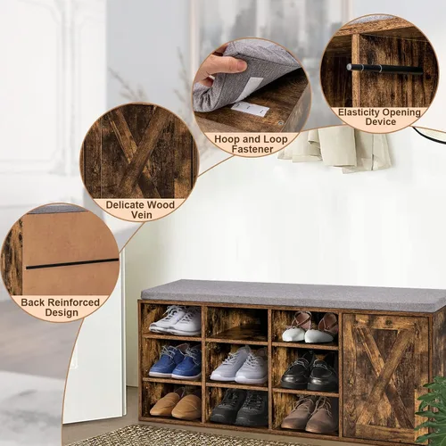 Miniatura 6 de Giantex Banco de zapatos de 9 cubos con almacenamiento, estantes ajustables con cojín acolchado extraíble, banco de almacenamiento de zapatos de 3