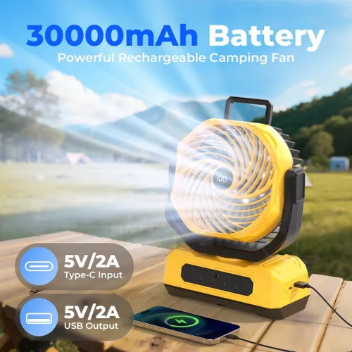 Miniatura 3 de Ventilador Portátil de Camping de 30000mAh con Linterna RGB, Alimentado por Batería Recargable Oscilante con 4 Velocidades de Viento Pantalla LED