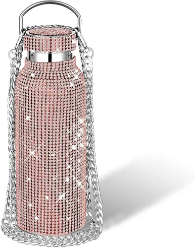 Miniatura 19 de Geiserailie Botella de agua con diamantes de imitación de acero inoxidable, térmica, recargable, aislada, con cadena, para mujeres y niñas