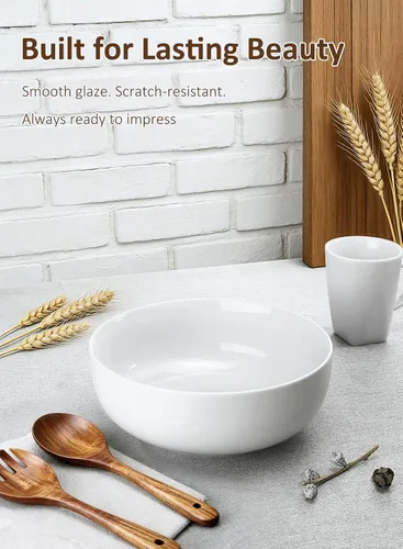Miniatura 8 de Juego de 2 cuencos grandes para servir pasta de 120 onzas, 24.6 cm, cuencos grandes de porcelana para ensalada de cocina, grandes cuencos blancos