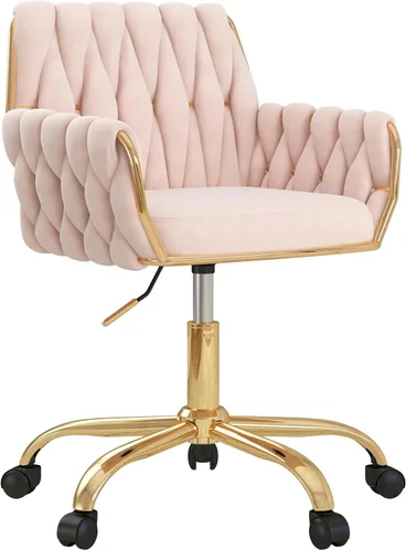 Silla de terciopelo para oficina en casa, moderna silla de tocador de altura ajustable, silla de maquillaje giratoria de 360° con base dorada y Rosa