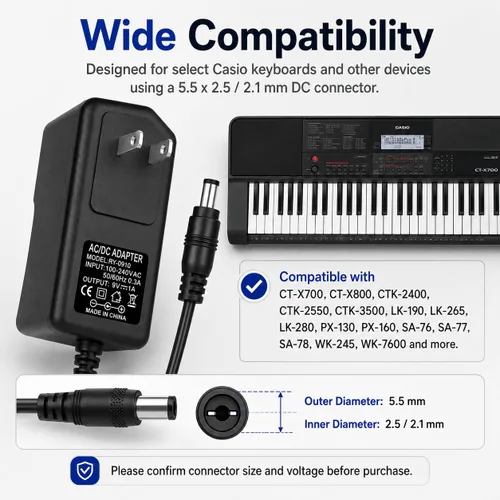 Miniatura 2 de 9V 1A AC Power Supply Charger Adapter Cord for Casio Digital Piano Keyboard CT-X700