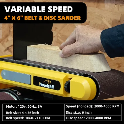 Miniatura 2 de Woodskil Lijadora de disco de banda de velocidad variable, correa de 4 x 36 pulgadas y disco de 6 pulgadas 3A Máquina combinada de lijadora