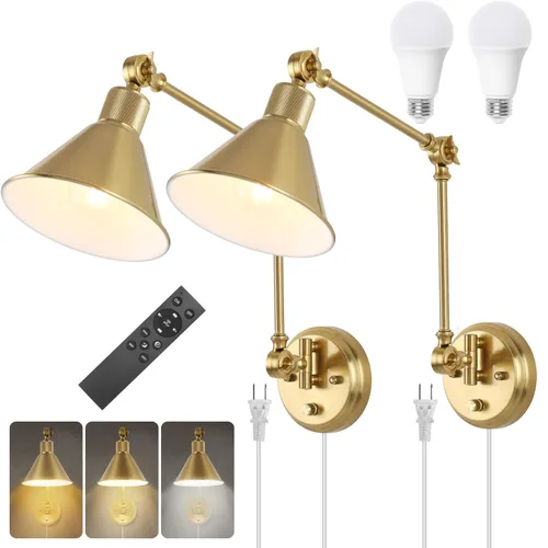 TRLIFE Aplique de pared con control remoto, apliques de pared de latón cepillado enchufables, regulables y con temperatura de color ajustable Dorado