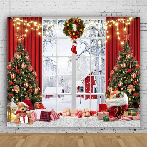 Miniatura 11 de Telón de fondo de ventana de Navidad país de las maravillas 10x8 pies árbol de Navidad rojo para niños fotografía invierno nevado fondo de foto
