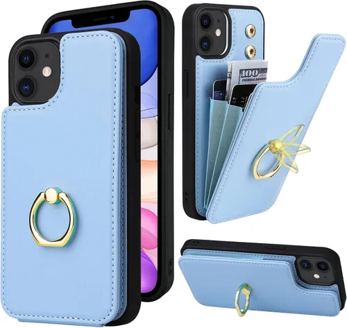 Miniatura 14 de Funda compatible con iPhone 11 con tarjetero y soporte para tarjetas, soporte de anillo de dedo de rotación de 360º, función atril, protección RFID