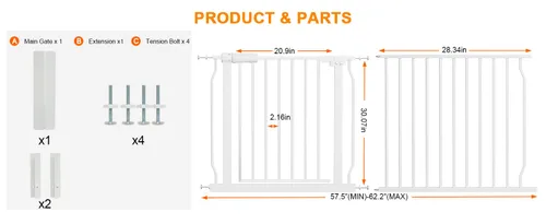 Miniatura 2 de Puerta extra ancha para bebé, puerta extra alta para perros, para escaleras, puertas, tensión de metal blanco, puertas de seguridad para mascotas