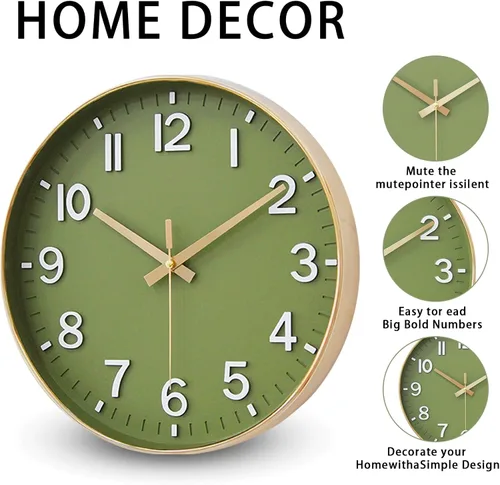 Miniatura 2 de HZDHCLH Reloj de pared con pilas, reloj de pared dorado verde, reloj de pared de 8 pulgadas, silencioso, sin tictac, números 3D modernos para Verde