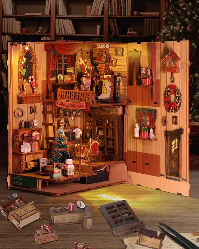 Miniatura 3 de RONSTONE - Kit de manualidades para rincón de lectura DIY - Kit de casa de muñecas navideña en miniatura 3D, rompecabezas de madera con luz LED