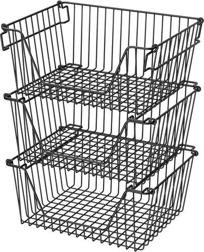 Miniatura 9 de Cestas de metal apilables de alambre resistente, organizador de gabinete de despensa de alambre con asa para el hogar, baño, cocina, organización
