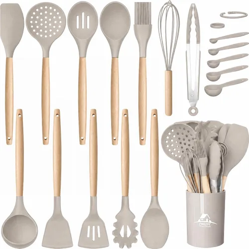 Miniatura 8 de MIBOTE Juego de utensilios de cocina de silicona, resistente a 230 °C, pinzas para voltear, espátula, cuchara, batidor, mango de madera, juego