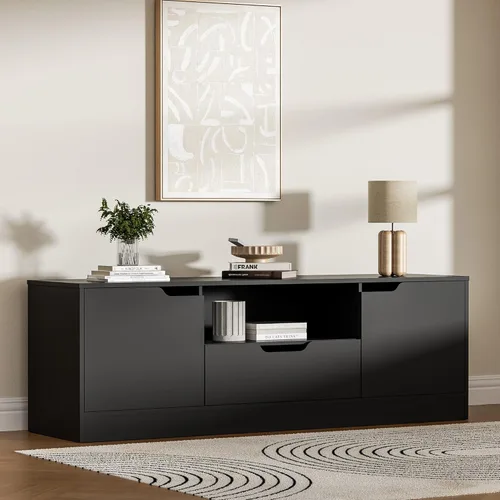 Housoul Soporte de TV para TV de 55/60/65 pulgadas, centro de entretenimiento con 2 puertas y cajón, consola de TV multimedia con gabinete de Negro