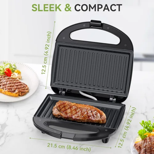 Miniatura 6 de OSTBA Sandwichera y prensa Panini, máquina de queso a la parrilla de 2 rebanadas con placas antiadherentes, luces indicadoras, mango de tacto frío