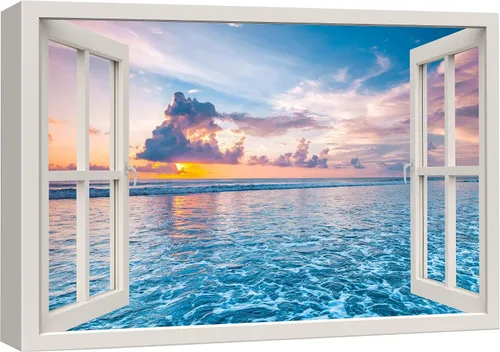 Miniatura 60 de wall26 - Cuadro en lienzo para pared, vista de ventana, atardecer neón, cielo, palmera tropical, playa, naturaleza, desierto, fotografía, realismo