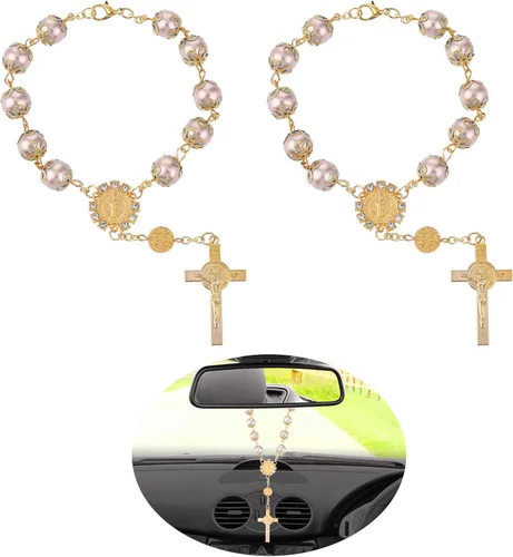 Cobee Rosario para automóvil, rosario cruzado de 2 piezas, colgante de espejo retrovisor, accesorios para colgar en el automóvil, decoración Oro