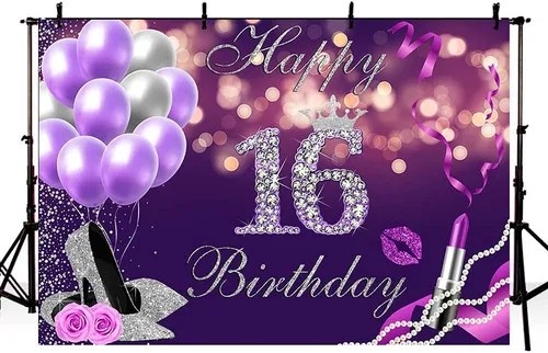 Miniatura 3 de Telón de fondo de feliz cumpleaños número 16 de 7 x 5 pies, globos Bokeh morados con purpurina plateada con purpurina, fondo de lápiz labial