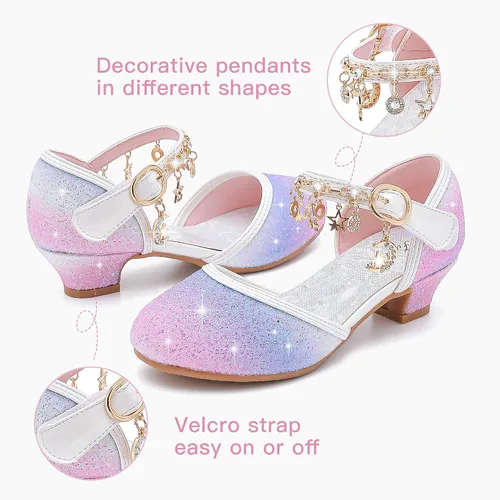 Miniatura 3 de Furdeour Sandalias para niñas con lazo brillante, zapatos de vestir de princesa con tacones altos de cristal, para fiestas, bodas, flores, zapatos